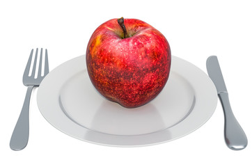 Apple on plate with fork and knife, 3D rendering