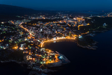 Aerial view of the old city of Ulcinj at night - the southernmost city of the Montenegro.