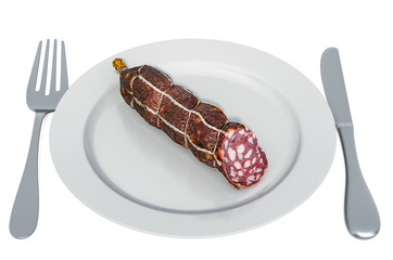 Dry sausage on plate with fork and knife, 3D rendering