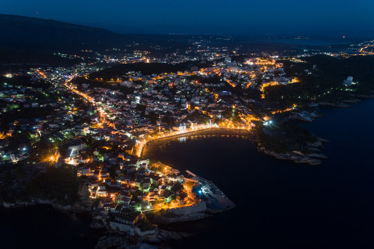 Aerial view of the old city of Ulcinj at night - the southernmost city of the Montenegro. © bigguns