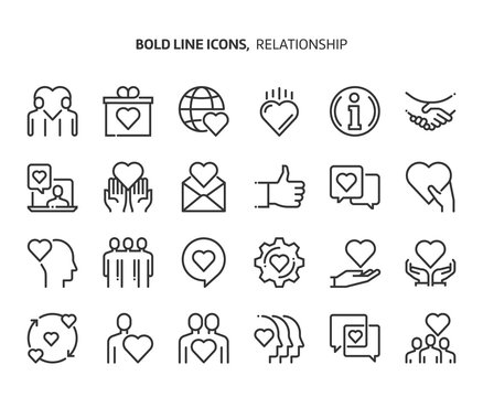 Relationship bold line icon set. The set is about love, heart, friendship, valentine, partnership, vector, editable stroke, line, outline.