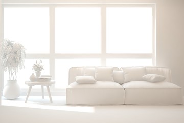 Mock up of stylish room in white color with sofa. Scandinavian interior design. 3D illustration
