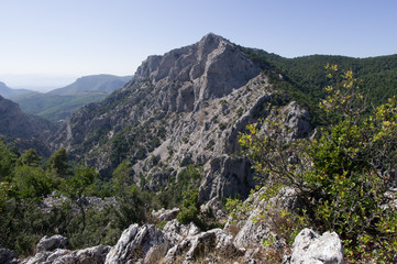 Fototapeta na wymiar Marked hiking path on Parnitha Mountain near Athens, Attica, Greece on way to Pan's cave