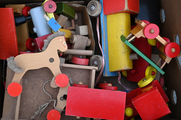 Fototapeta premium Wooden toy train and horse retro objects