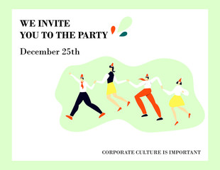 Vector dancing office workers at the new year corporate party. Art can be used for invitation.