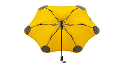 Umbrella parasol open modern yellow, front view. 3D rendering