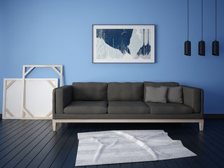 Mock up the original living room with a comfortable original sofa and trendy fashionable backdrop.