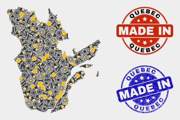 Mosaic technical Quebec Province map and blue Made In textured seal. Vector geographic abstraction model for service, or political illustrations.