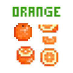 Fototapeta premium Set of pixel art oranges (uncut, cut in half, sliced) isolated on white background. Collection of 8 bit citrus fruit icons. Old school vintage retro 80s, 90s slot machine/video game graphics.