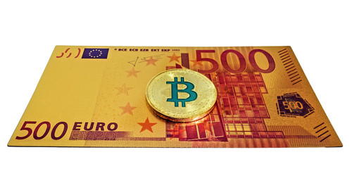 currency Crypto Investing background. Gold Bitcoin cryptocurrency 500 euro banknotes Crypto currency money exchange trade.