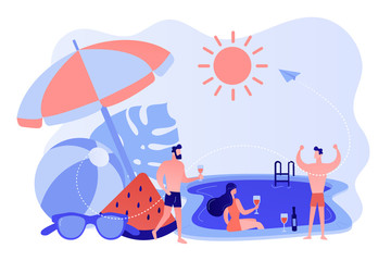 Young tiny people with parasol and ball at the swimming pool have fun drinking wine. Pool party, dance swim drink, swimming pool activity concept. Pinkish coral bluevector isolated illustration