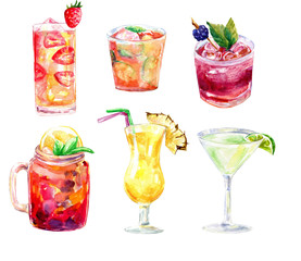 Cocktails, drinks, cocktails hand painted  watercolor clipart, watercolor drink illustration, summer cocktails, summer party, wedding clipart, isolated 