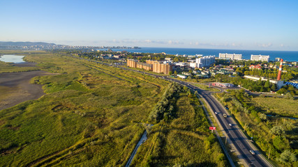 Aerial view of the city of Anapa and Lake Chemburskoe. Krasnodar region. Russia