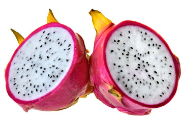 Fresh dragon fruit cut in half isolated