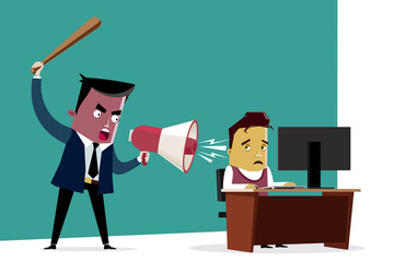 Angry boss with a megaphone shouting at an employee