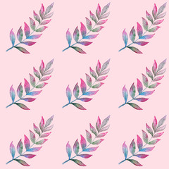 Fototapeta na wymiar Trendy seamless pattern with watercolor leaves on dusty pink background