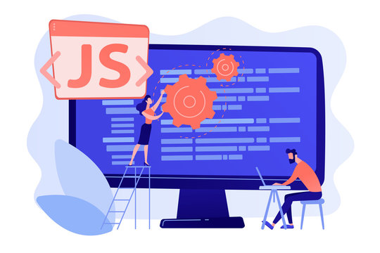 Programmers using JavaScript programming language on computer, tiny people. JavaScript language, JavaScript engine, JS web development concept. Pinkish coral bluevector isolated illustration