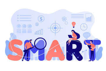 Tiny business people working on goals and sitting on smart word. SMART Objectives, objective establishment, measurable goals development concept. Pinkish coral bluevector isolated illustration