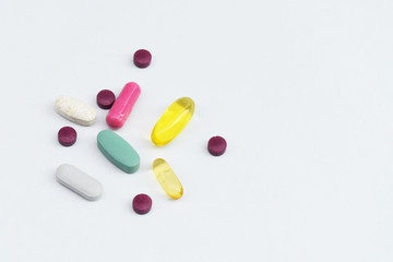 Medicine pills. Tablets and capsules isolated on whitebackground