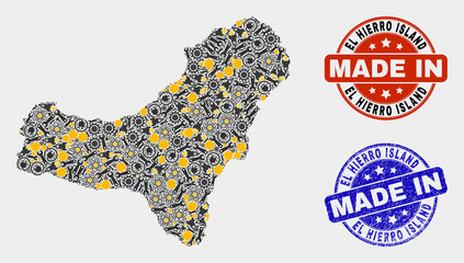 Mosaic gear El Hierro Island map and blue Made In grunge stamp. Vector geographic abstraction model for service, or patriotic templates.