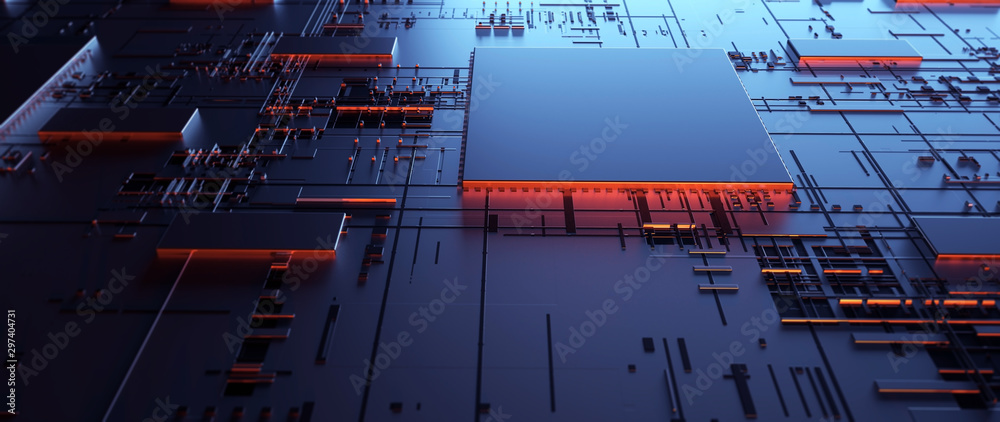 Poster printed circuit board futuristic server/circuit board futuristic server code processing. orange, gre - Posters