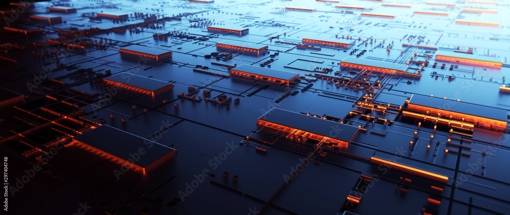 Poster Technology background/Abstract technology background made of different element printed circuit board.  Printed circuit board in the server executes the data. 