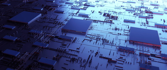 Printed circuit board futuristic server/Circuit board futuristic server code processing. Orange,  green, blue technology background with bokeh.