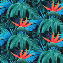 Bright tropical seamless pattern with jungle plants. Exotic background with tropical leaves. Vector © stonepic