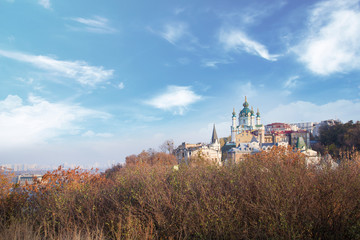 Beautiful view of St. Andrew's Church and St. Andrew's Descent in Kyiv, Ukraine