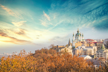 Beautiful view of St. Andrew's Church and St. Andrew's Descent in Kyiv, Ukraine