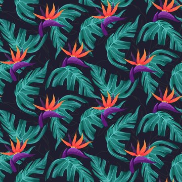 Bright tropical seamless pattern with jungle plants. Exotic background with tropical leaves. Vector