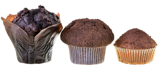 Set dark muffin decorated with chocolate chip Isolated