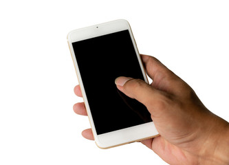 Hand with smart phone isolated on white background with clipping path