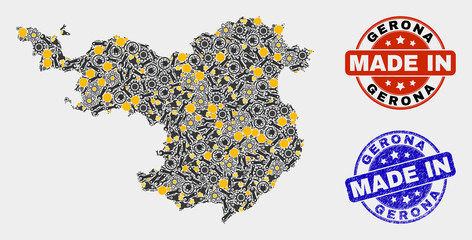 Obraz premium Mosaic industrial Gerona Province map and blue Made In grunge seal. Vector geographic abstraction model for workshop, or patriotic purposes.