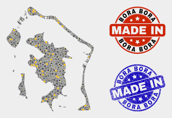 Mosaic industrial Bora-Bora map and blue Made In scratched stamp. Vector geographic abstraction model for industrial, or patriotic posters. Mosaic of Bora-Bora map combined of scattered cogs, - obrazy, fototapety, plakaty