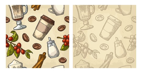 Seamless pattern glass latte, sugar, beans, branch with leaf and berry.