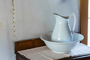 Ceramic jug. Old vintage pot in retro style. Vintage kitchenware 