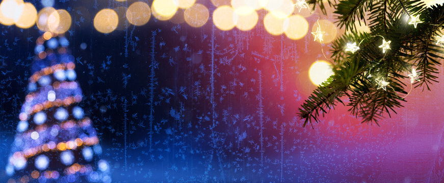 Abstract Christmas Tree With Holiday Lights on Blue Background