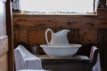 Ceramic jug. Old vintage pot in retro style. Vintage kitchenware 