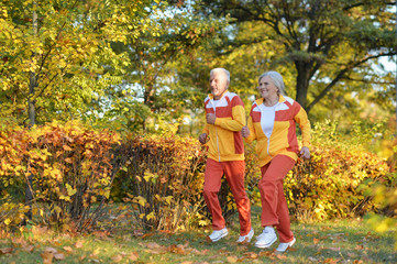 Fototapeta premium Portrait of happy fit senior couple jogging