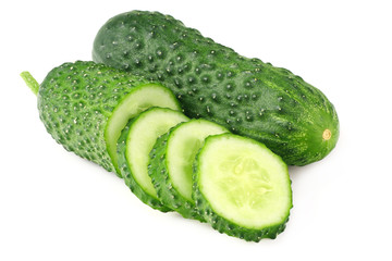 fresh cucumbers with slices isolated on white background