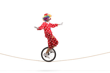 Scared clown riding a unicycle on a rope