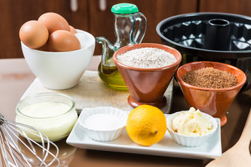 Ingredients to make a homemade sponge cake.