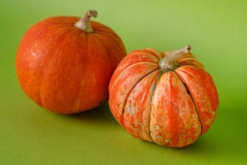 Orange pumpkins on green background, holiday decoration, Selective focus. Fall autumn concept. Halloween, Thanksgiving, Harvest