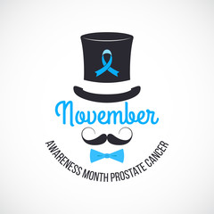 November prostate cancer awareness month. Gentleman with retro mustache and hat. Blue ribbon sign.