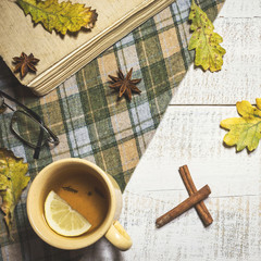 Autumn background with a cup of tea