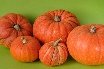 Orange pumpkins on green background, holiday decoration, Selective focus. Fall autumn concept. Halloween, Thanksgiving, Harvest