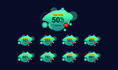 Sale tags set vector badges template, up to 10, 20, 90, 80, 30, 40, 50, 60, 70 percent off. Vector illustration