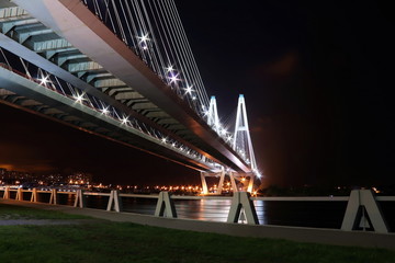 big cable-stayed bridge over the river at night with colorful bright lighting