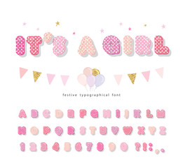 Cute polka dots font in pastel pink. Paper cutout ABC letters and numbers. Funny alphabet for girls.